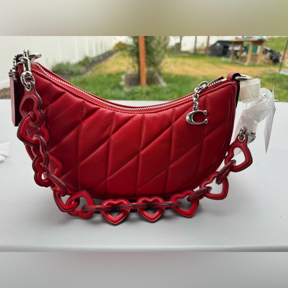 Coach NWT Red Quilted Mira Crescent Shoulder Bag with Heart Chain ❤️ - Picture 10 of 16